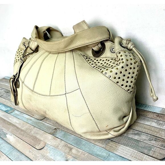 LRG FOSSIL FIFTY FOUR 54 STUD IVORY GENUINE LEATHER HOBO BOHO TOTE SHOULDER BAG - Picture 4 of 10